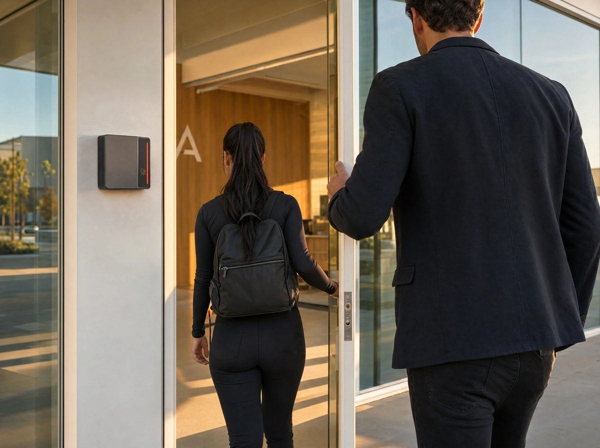 A man holding the lobby door open behind a woman who just authenticated at the Rock reader