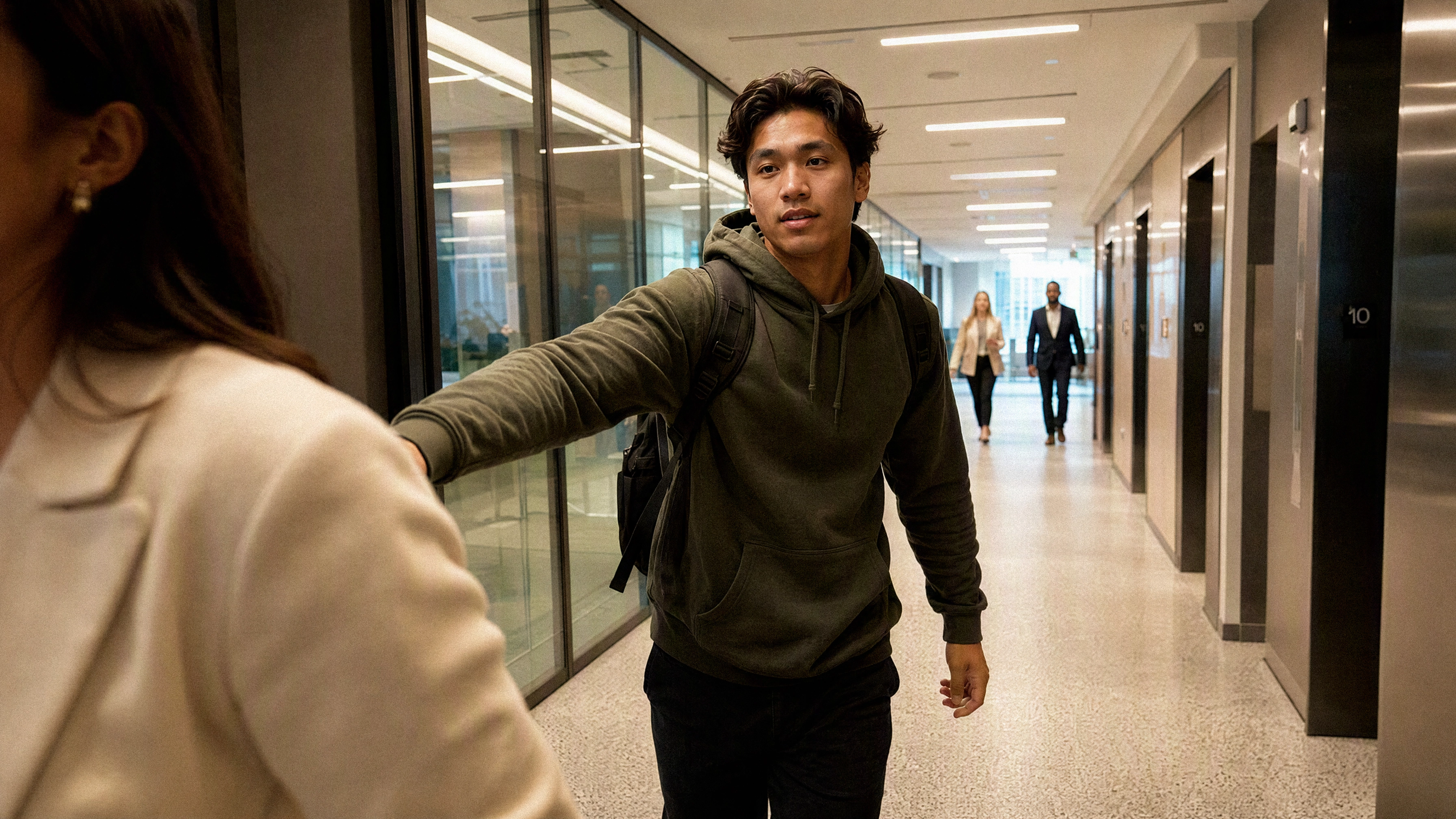 Camera frame of the tailgating event at the Lobby door: a second person following the verified employee through