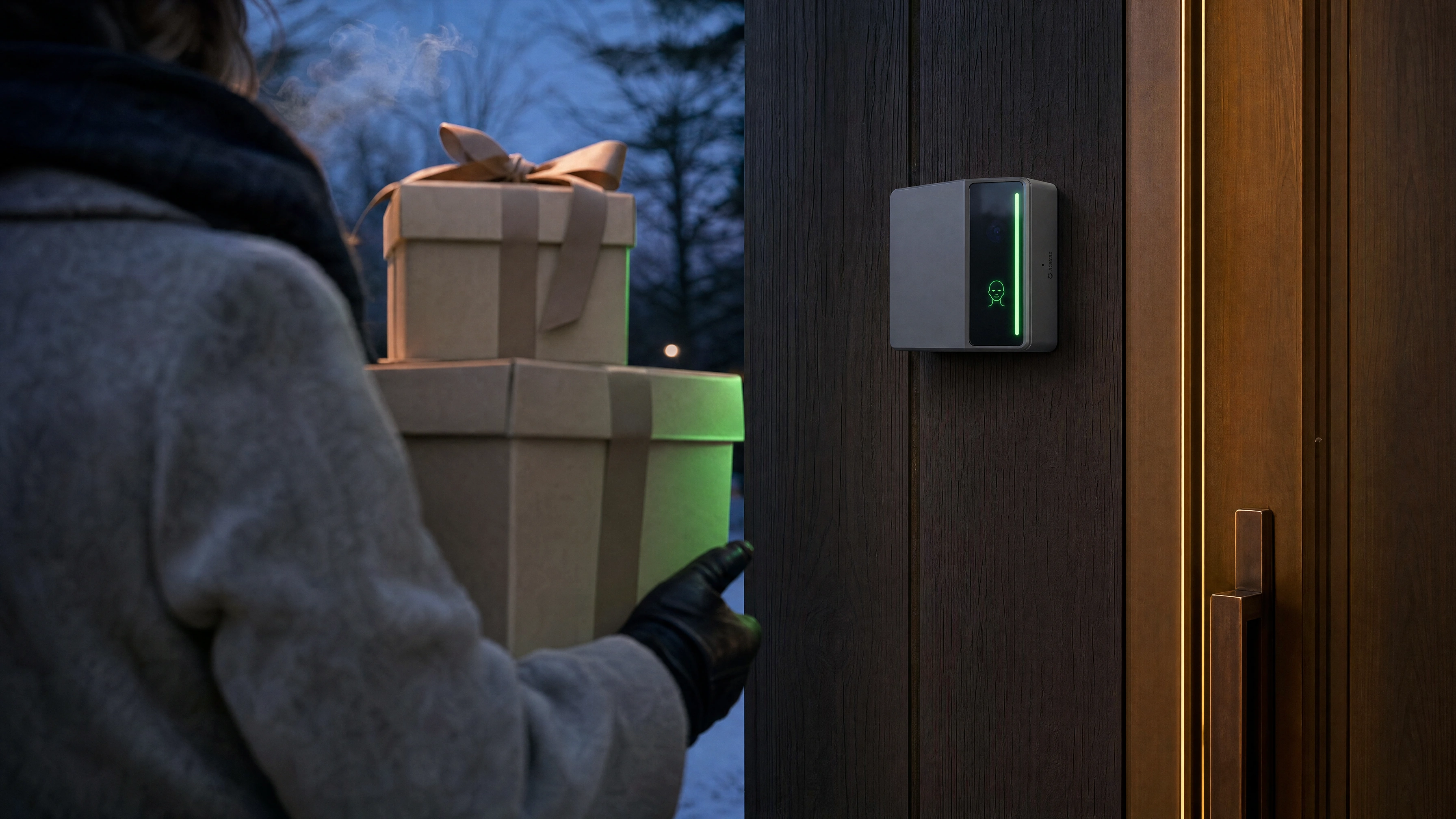 A guest carrying wrapped gifts through a residence door at dusk as the Rock reader beside it glows green