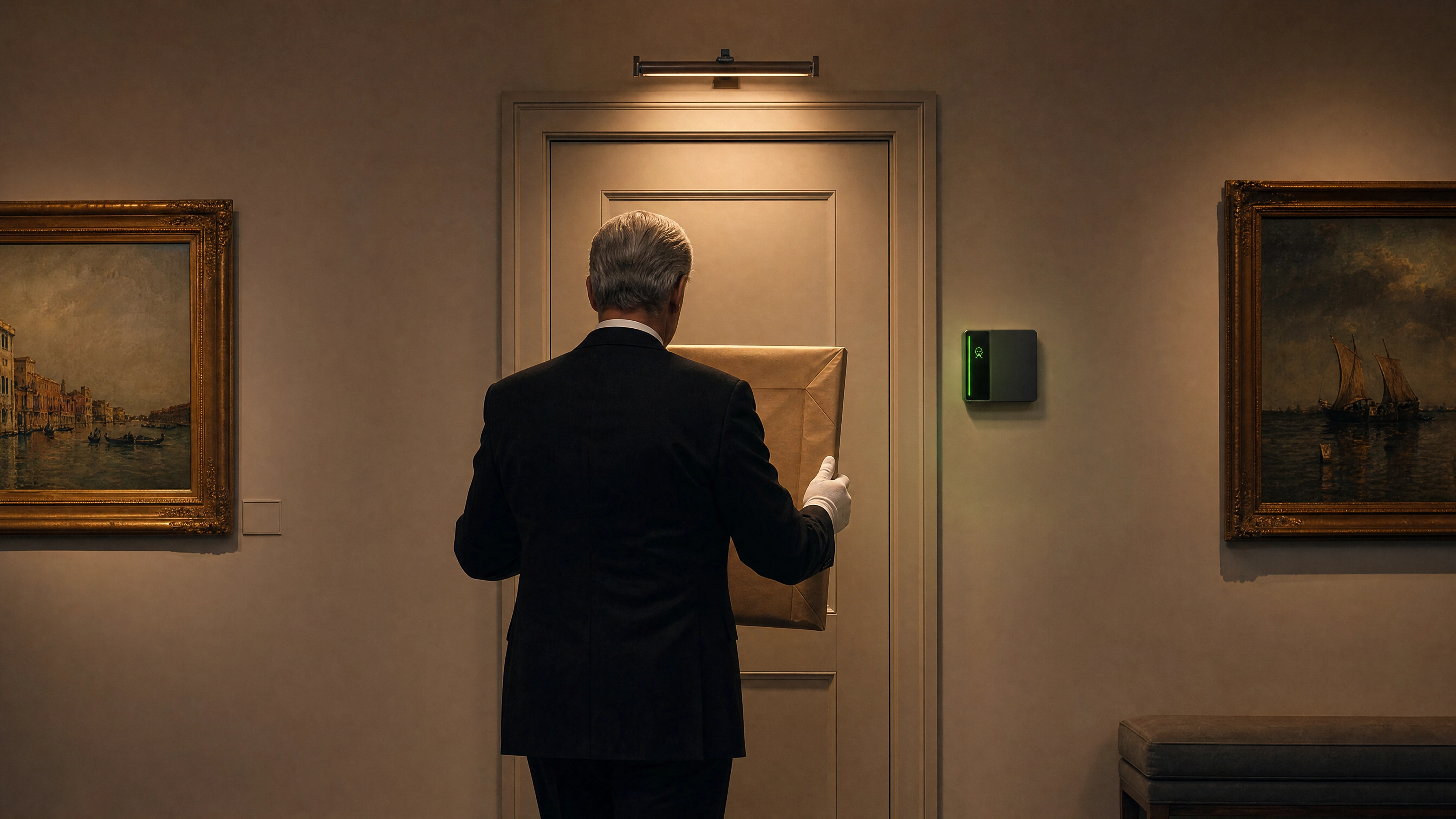 A white-gloved courier carrying a wrapped artwork to a private gallery door as the Rock reader beside it glows green