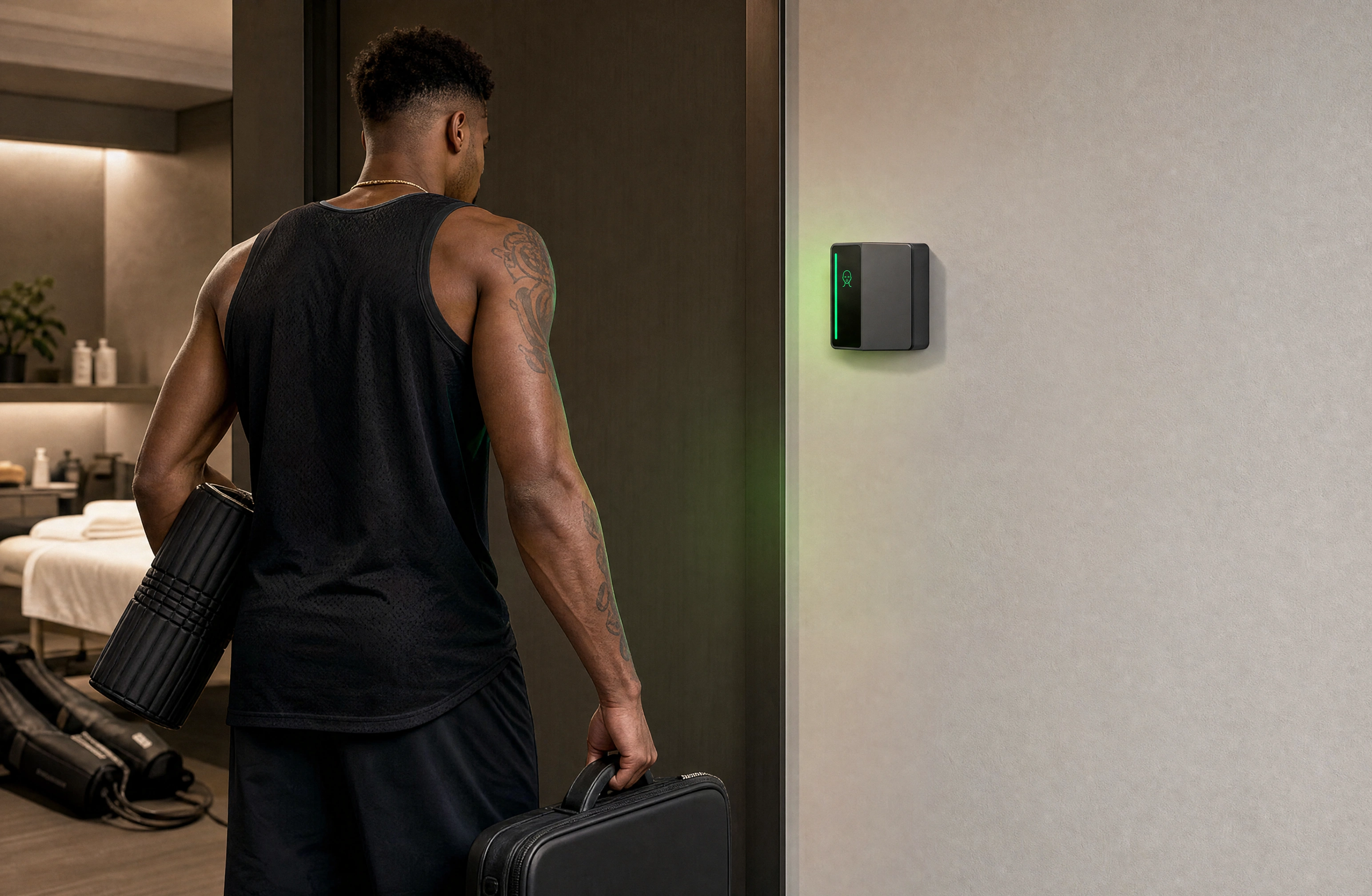 An athlete entering a recovery suite as the Rock reader beside the door turns green