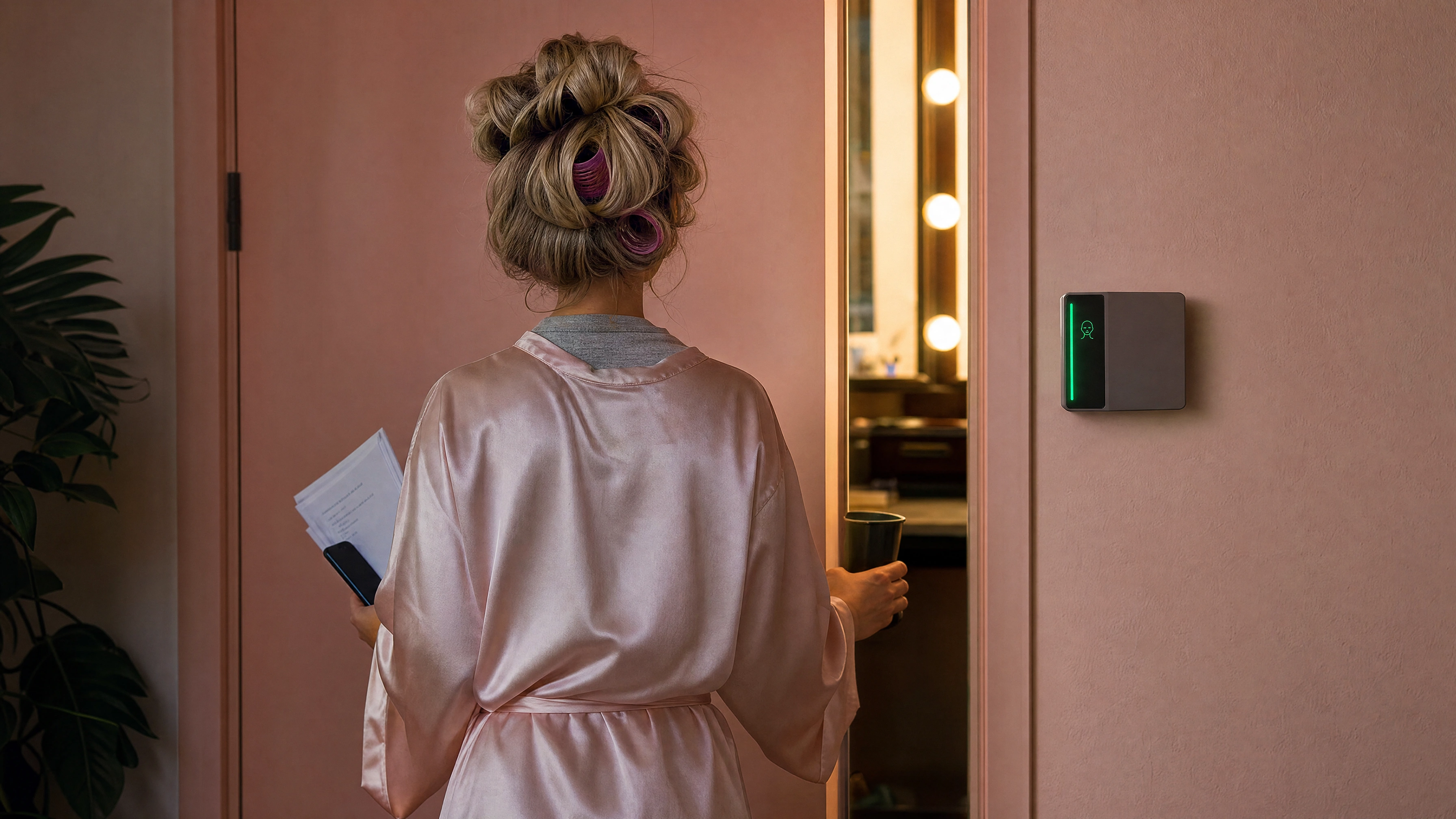 A performer stepping into a private dressing room as the Rock reader beside the door turns green