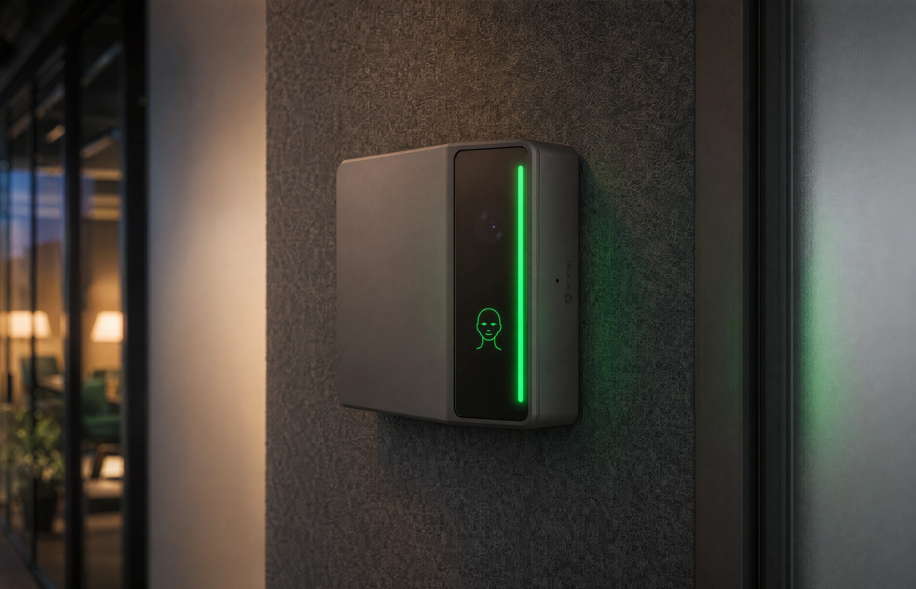 A Rock X with its LED bar glowing green after a successful authentication, casting green light on the wall