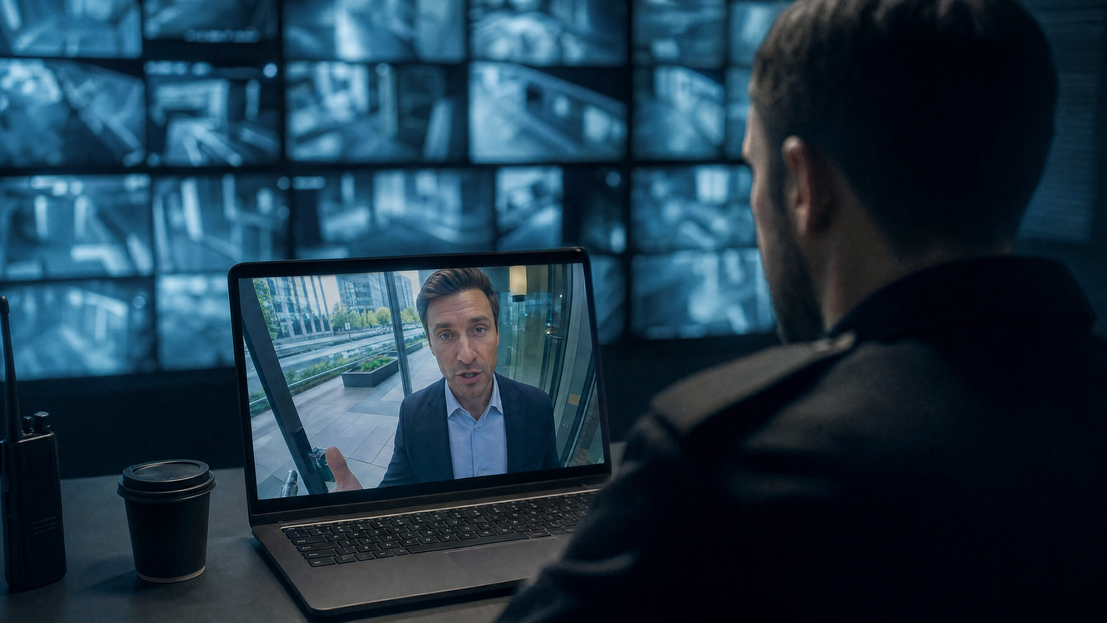 A security operator watching a live RTSP door stream on a laptop in front of a video wall