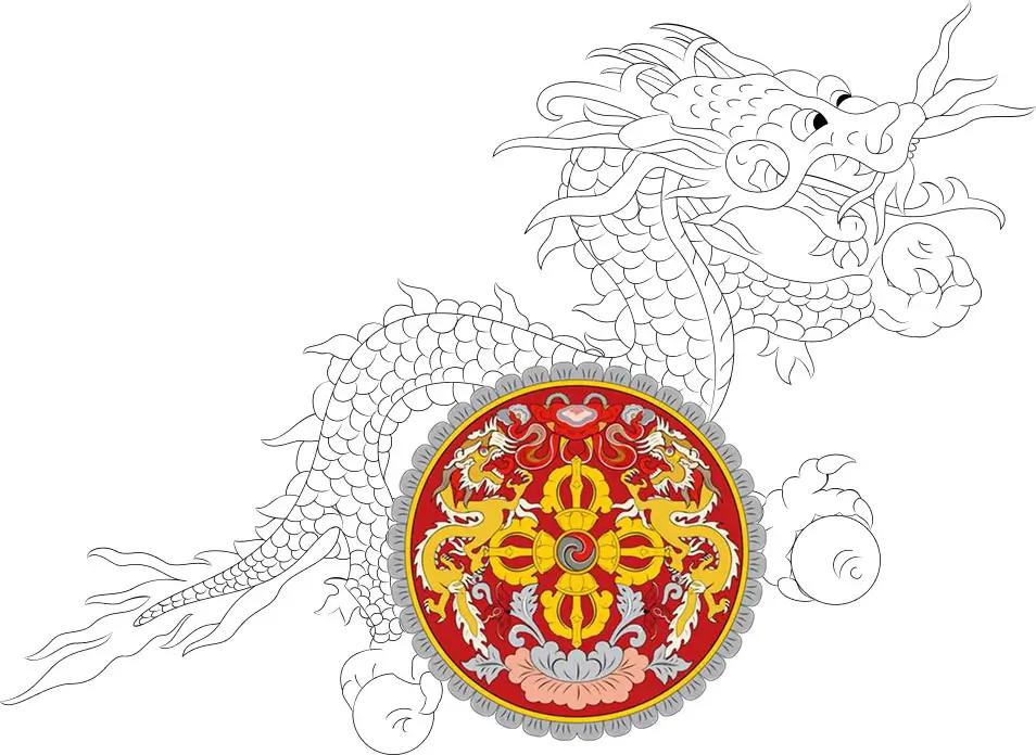 Traditional Bhutanese dragon design with a detailed red and gold emblem symbolizing protection and power.
