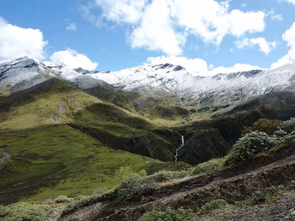 Lush green valley with a winding stream and snow-capped peaks along the Dagala Thousand Lakes Trek in Bhutan, under a bright blue sky.