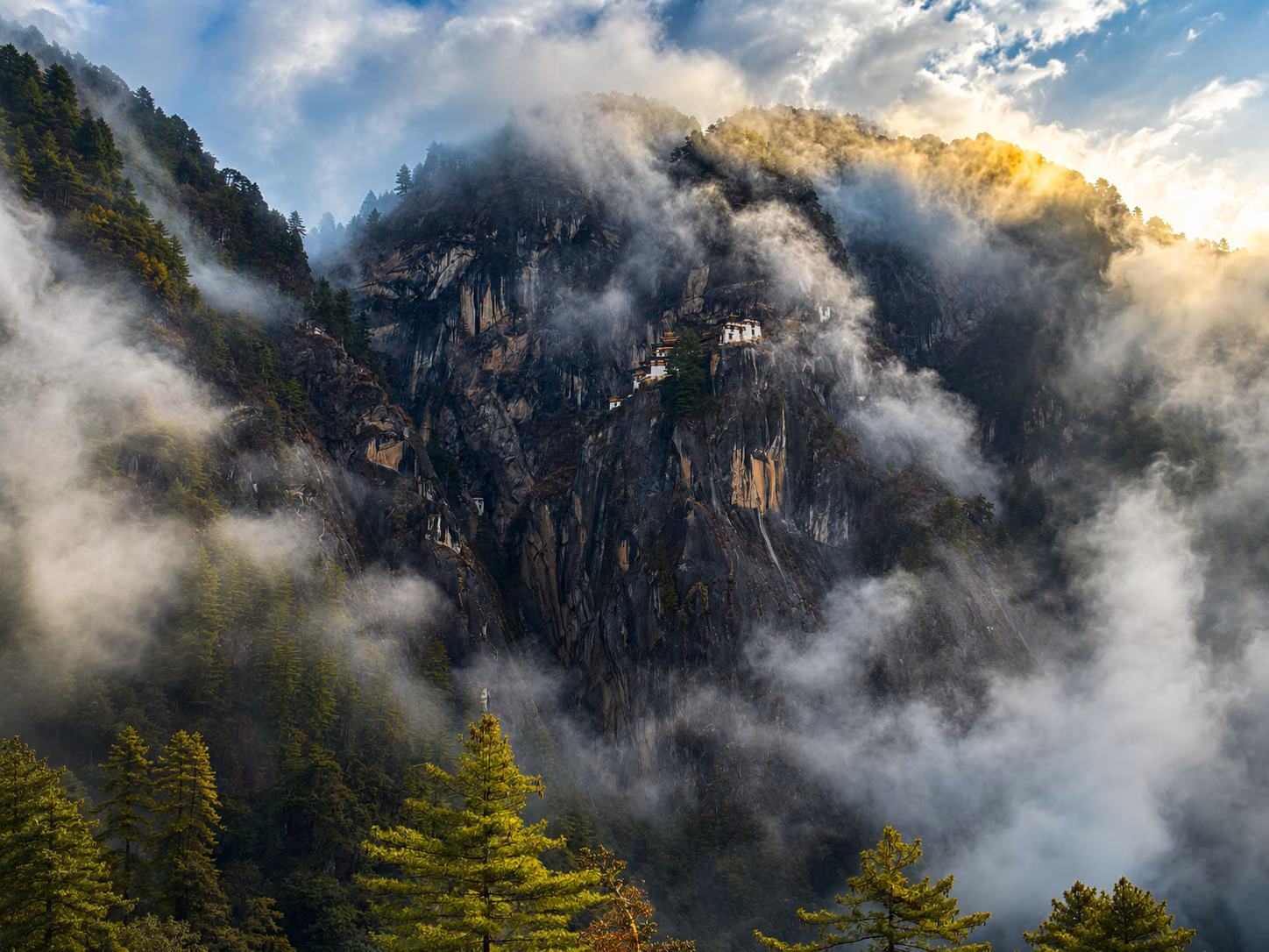 Tiger’s Nest Monastery emerging through drifting mist above the forested cliffs of Paro, Bhutan.