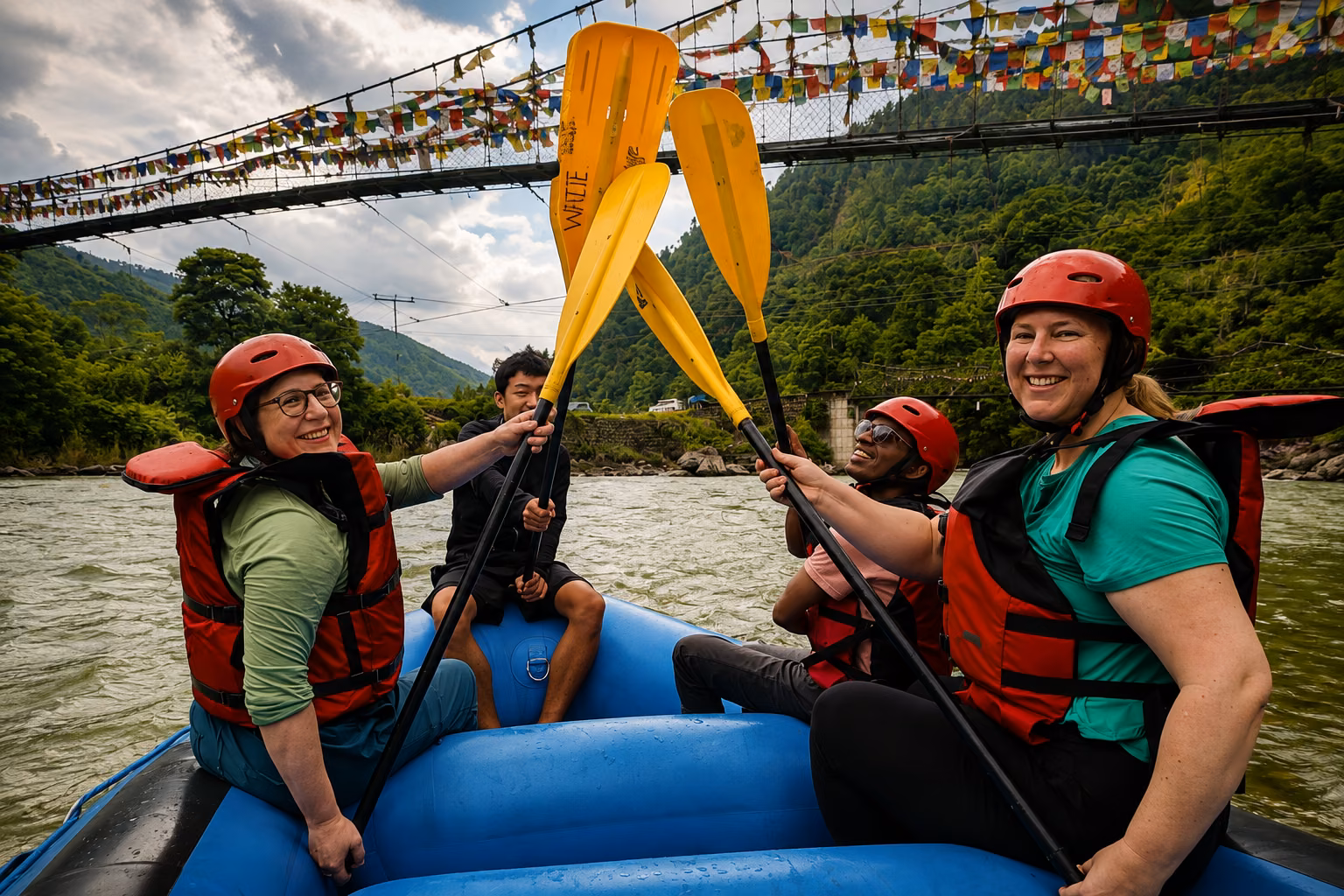 Raven guests enjoying a rafting experience on the river in Punakha, Bhutan.