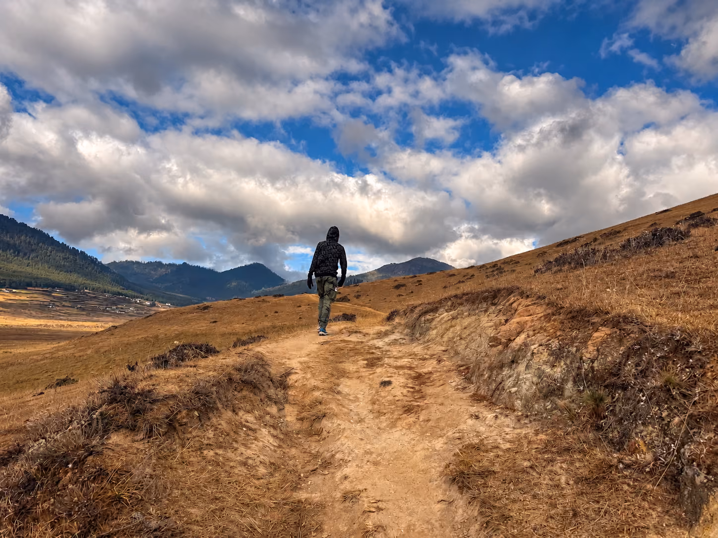 A traveller follows a winding hillside path above Phobjikha Valley in Gangtey, Bhutan.