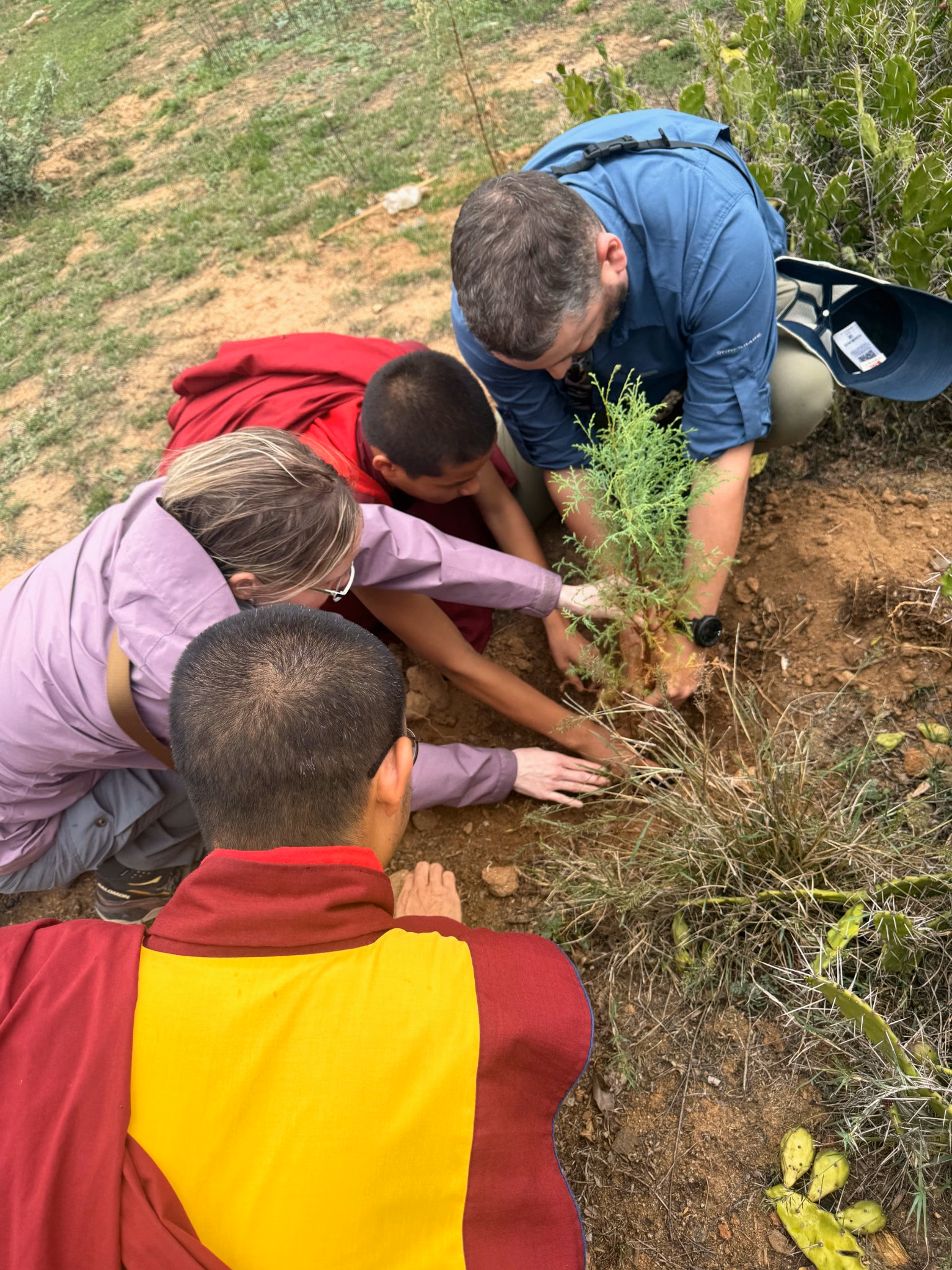 A Raven guest planting a young tree with Buddhist monks beside a monastery in Bhutan.