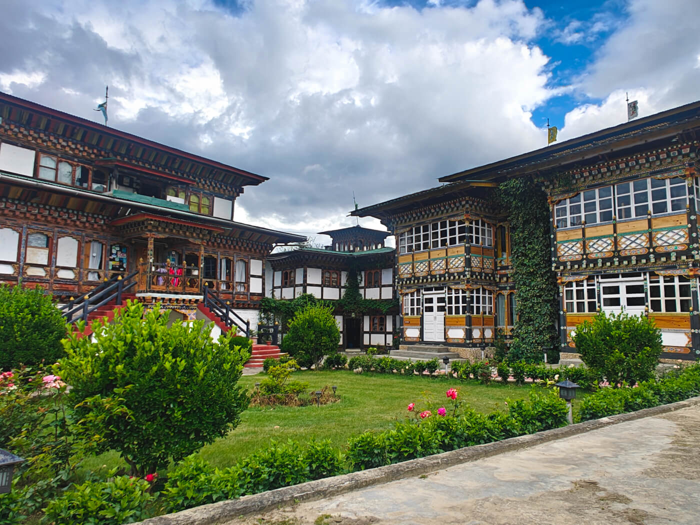 Jakar Village Lodge buildings and garden in Bumthang
