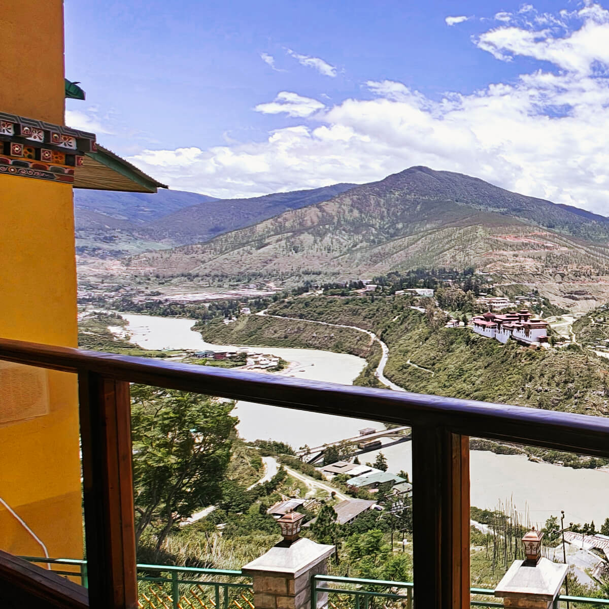 Balcony overlooking the river valley at Namsay Phodrang