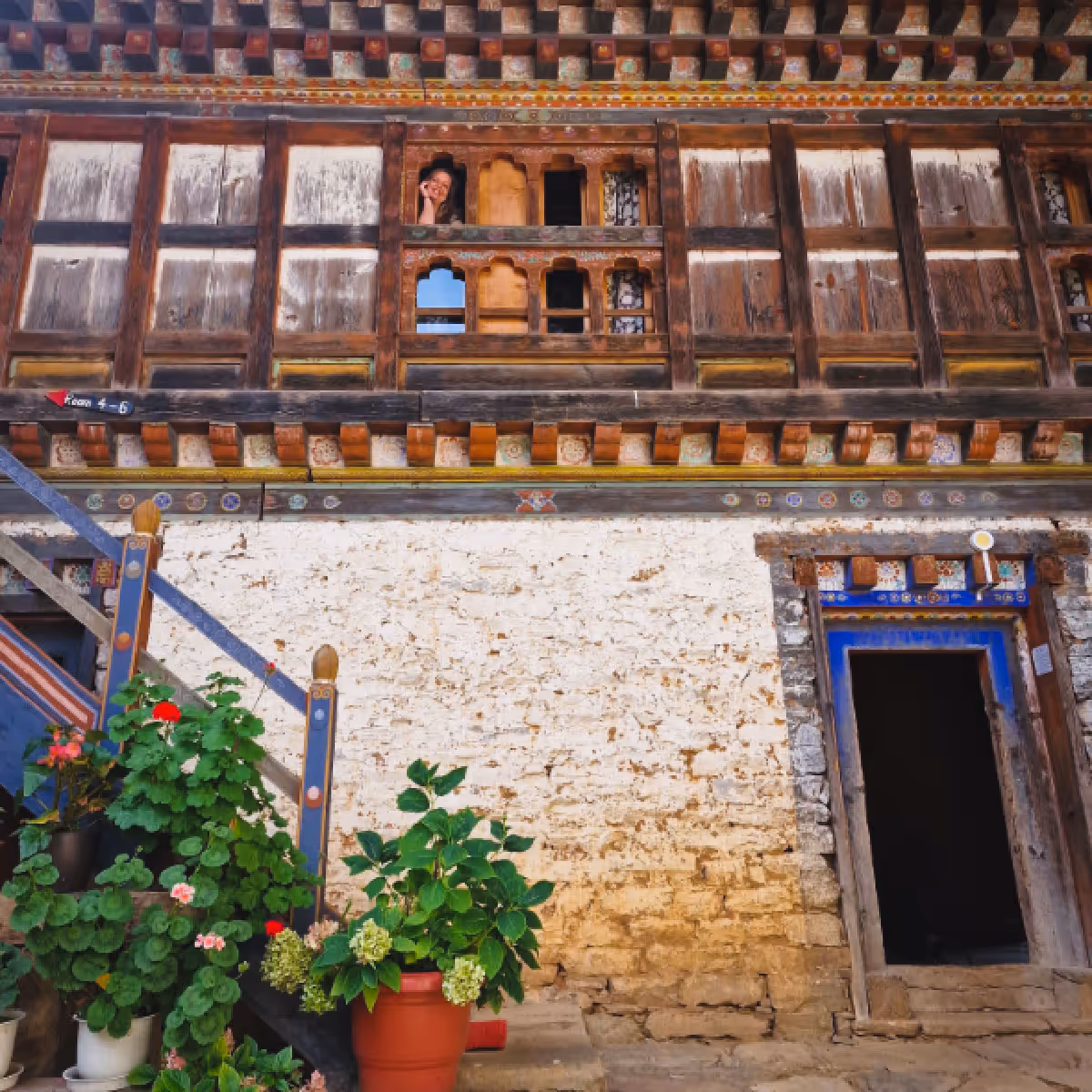 Traditional painted timber facade at Ogyen Choling Heritage House