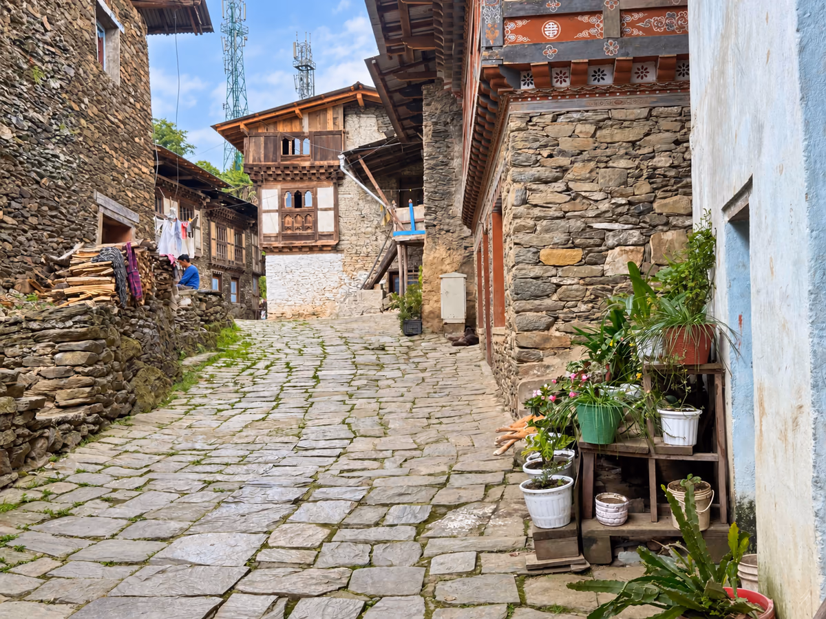 A stone-paved lane between traditional houses in Trong Heritage Village, Bhutan.