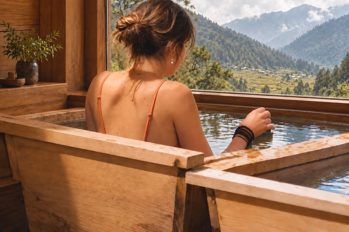 Illustration of a guest in a wooden hot stone bath overlooking a green valley.
