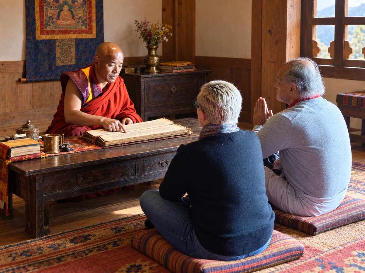 Illustration of two guests consulting a Buddhist monk over a manuscript.