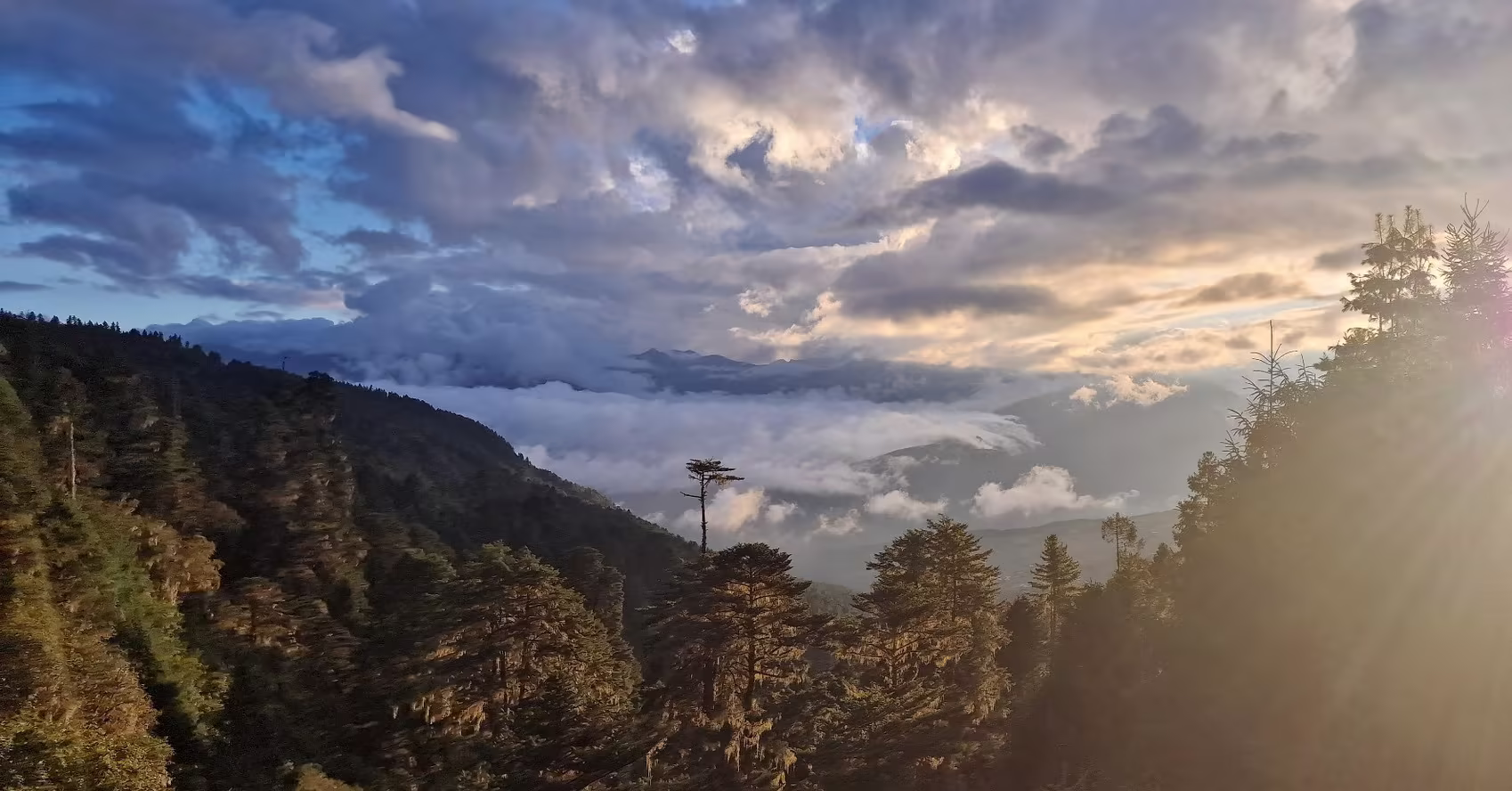Forested mountains and layered clouds frame an east-to-west journey across Bhutan.