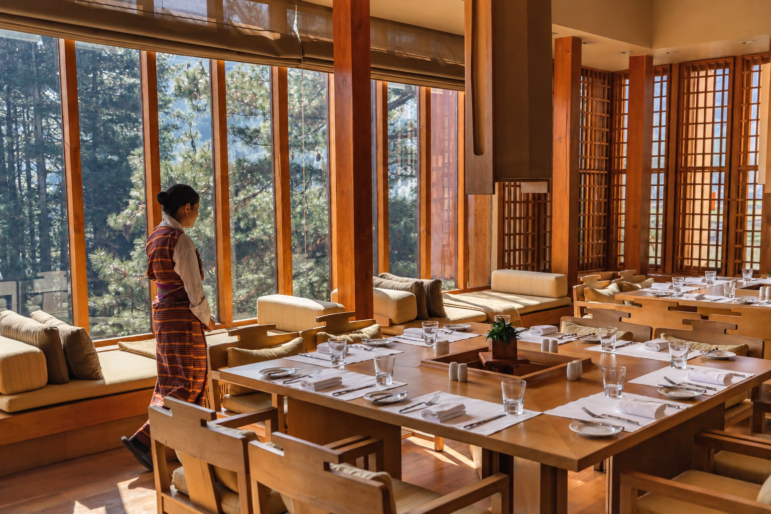 A warm timber dining room with tables set beside windows overlooking pine trees.