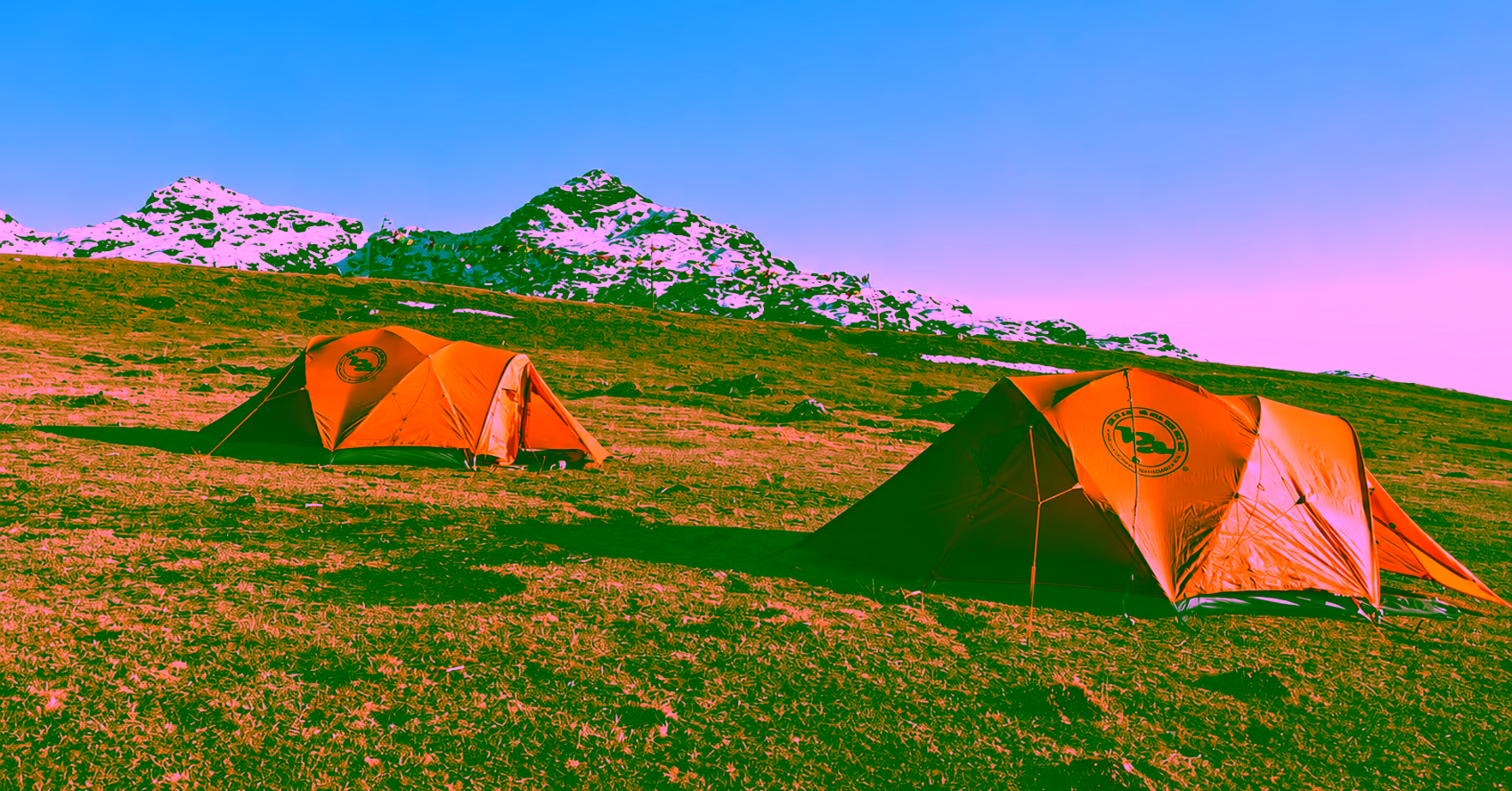 Orange trekking tents on open highland grass beneath snowy ridges at a supported Nub Tshonapata camp in Bhutan.