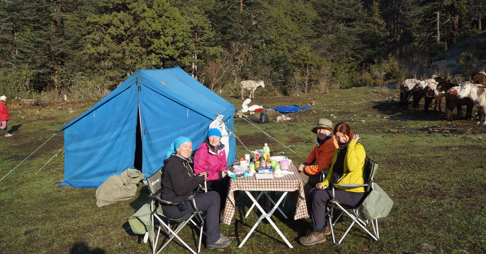 Trekkers sharing a meal beside a blue camp tent, with pack horses at the forest edge in Bhutan.