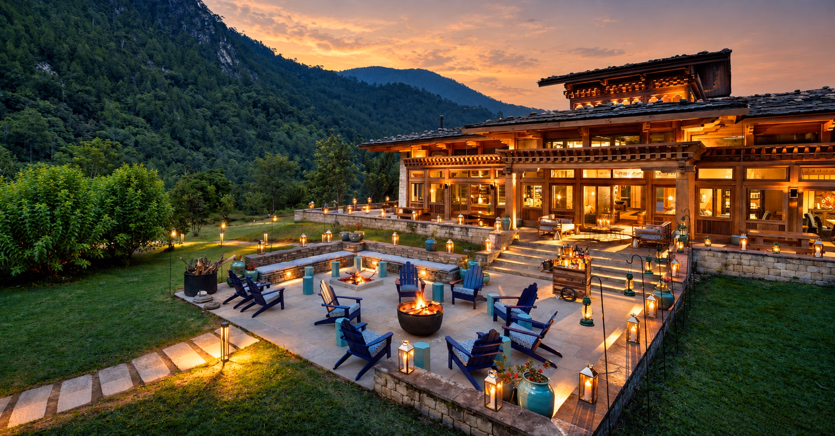 Evening terrace at &Beyond Punakha River Lodge