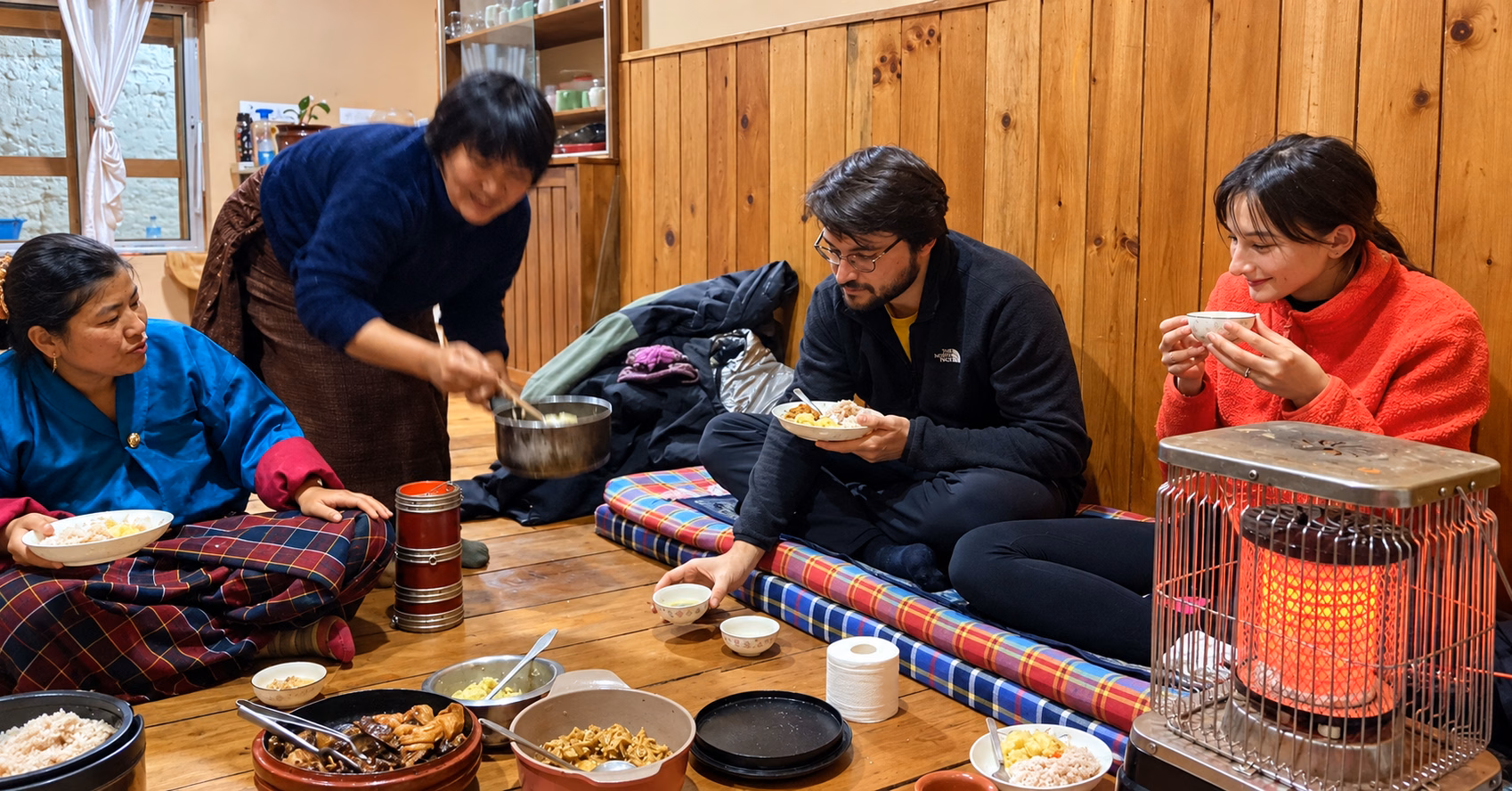 Guests sharing a home-cooked meal with their hosts inside a Bhutanese farmhouse