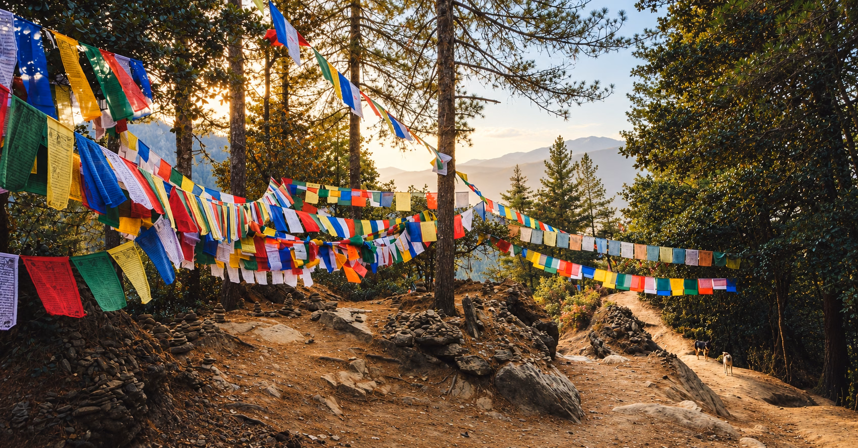 Colourful prayer flags beside the forest trail to Tiger’s Nest Monastery in Paro, Bhutan
