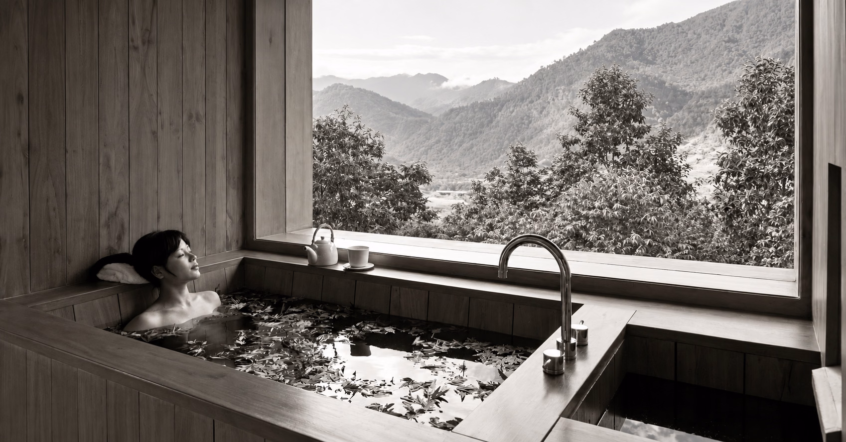 A guest relaxing in a wooden bath overlooking the valley at COMO Uma Punakha, Bhutan