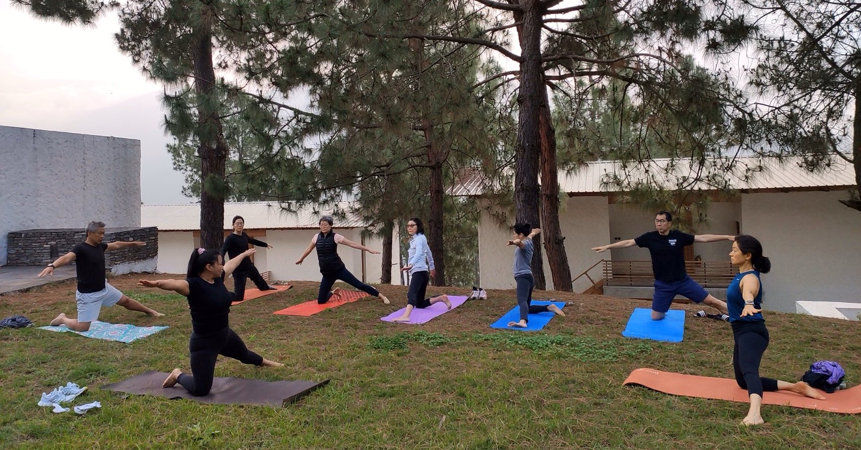 Guests practising outdoor yoga beneath pine trees in Bhutan