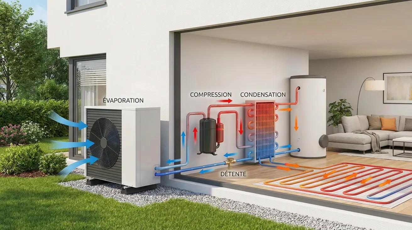 Schéma du cycle thermodynamique d'une pompe à chaleur air-eau installée dans une maison