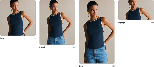 Jeune femme portant un débardeur noir et un jean bleu regardant sur le côté dans différents formats d'image.