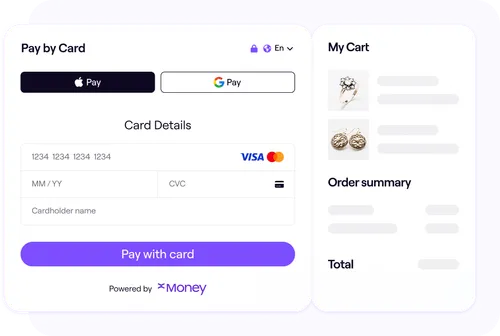 Digital checkout interface showing payment options including Apple Pay, Google Pay, and card payment fields for Visa and Mastercard. The screen also displays a shopping cart with jewelry items and an order summary on the right.