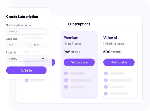 User interface for managing subscriptions, showing a form to create a new subscription with fields for name, amount, currency, and billing interval. Next to it are two subscription plans: "Premium" for 24€/month for up to 5 users, and "Vision AI" for 50€/month with unlimited users, each with a purple "Subscribe" button.