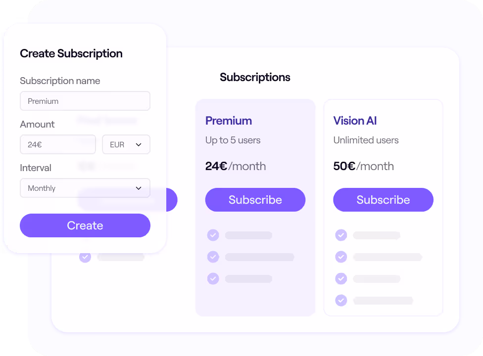 User interface for managing subscriptions, showing a form to create a new subscription with fields for name, amount, currency, and billing interval. Next to it are two subscription plans: "Premium" for 24€/month for up to 5 users, and "Vision AI" for 50€/month with unlimited users, each with a purple "Subscribe" button.