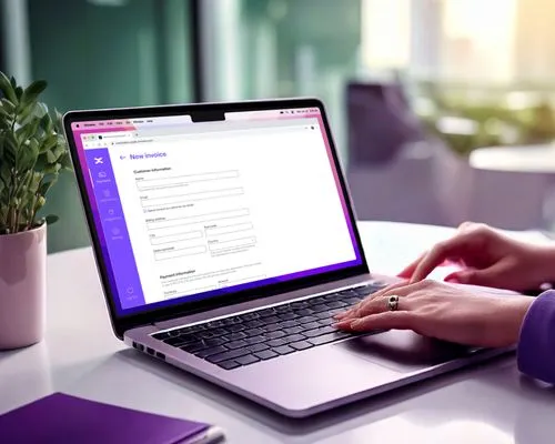 A person types on a laptop displaying an online invoice creation form. The screen shows fields for customer information, billing address, and payment details within a dashboard interface that has a purple sidebar. A small plant and a closed notebook are on the white table nearby.