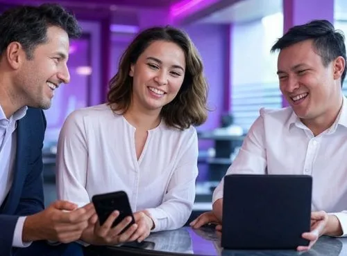 Three professionals sit around a table, smiling and interacting with a smartphone and a tablet. They appear to be engaged in a friendly conversation or collaborative meeting in a modern, purple-lit office or coworking space.