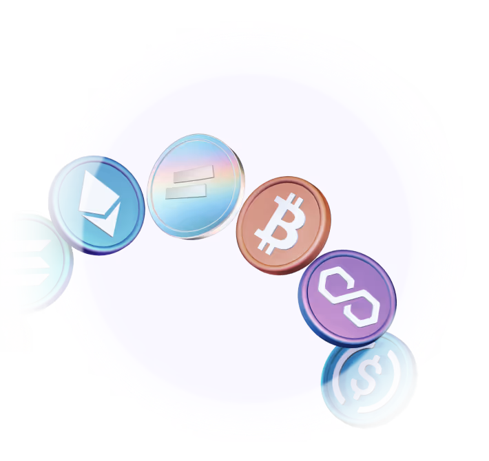 3D-style icons of various cryptocurrencies—including Ethereum, XMN, Bitcoin, Solana, Polygon, and USDC—are shown floating against a glowing gradient background, symbolizing digital payment diversity.