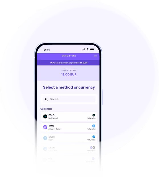 A smartphone screen displays a payment interface from a demo store showing 12.00 EUR to be paid. The user can select from various cryptocurrencies such as EGLD, XMN, DASH, USDT, and USDC to complete the payment.