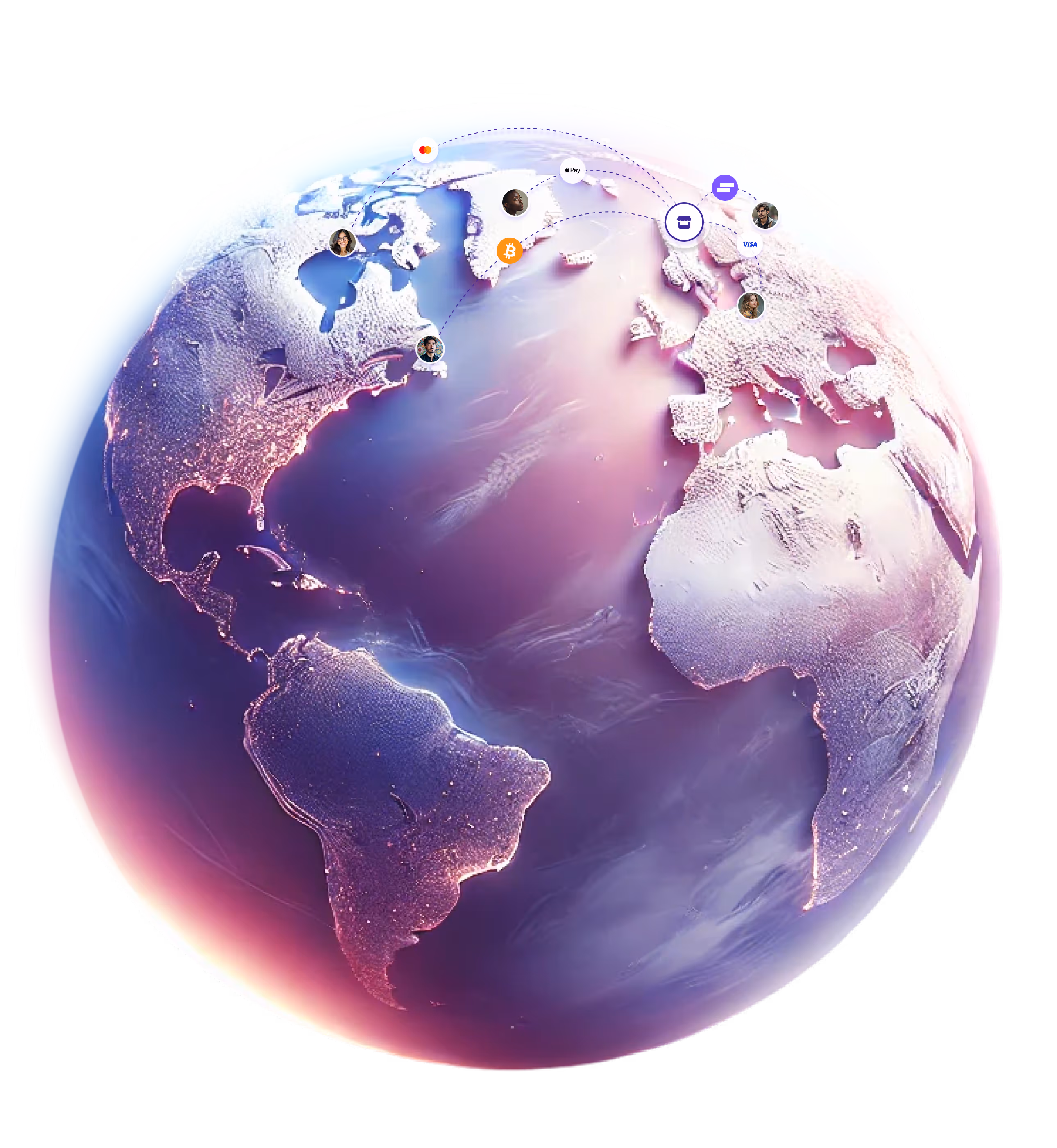A digitally rendered globe with a glowing purple and pink color scheme shows data points and icons representing users, currencies (like Bitcoin), and financial services across Europe and the Americas, symbolizing global financial connectivity and transactions.