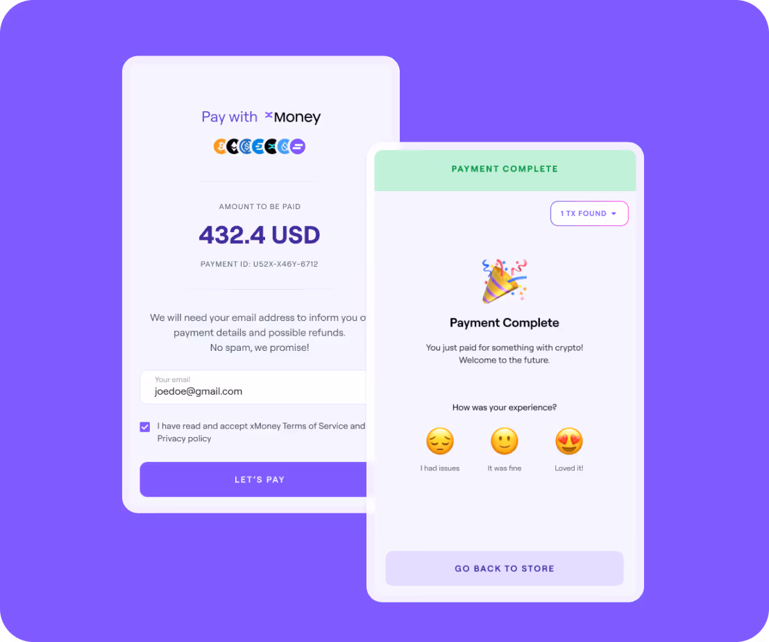 The image shows two mobile screens. The first screen displays a payment interface with the amount to be paid (432.4 USD) and a prompt for entering an email address. The second screen shows a payment confirmation with a "Payment Complete" message and a satisfaction survey with three emoji reactions (Sad, Neutral, and Happy). There is also a button to return to the store.