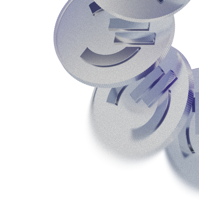 Stack of silver coins with euro currency symbols falling against a transparent background.