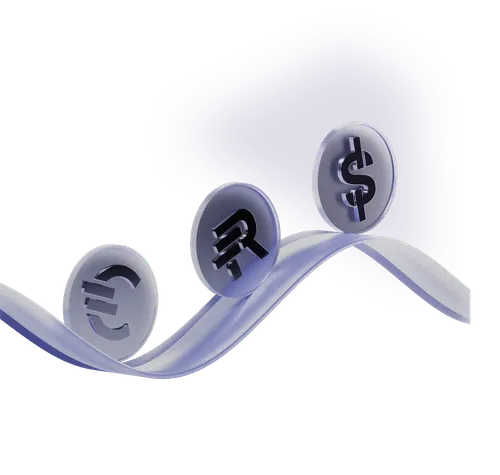 3D EURXM, RONXM, and USDXM coins positioned along a flowing ribbon-like path, symbolizing interconnected stablecoin movement.