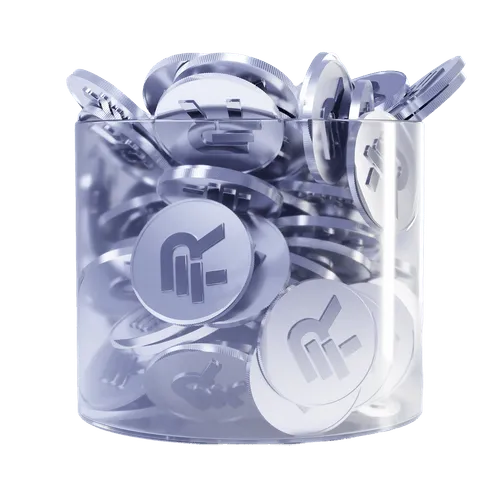 Transparent container filled with shiny silver coins embossed with a power button symbol.