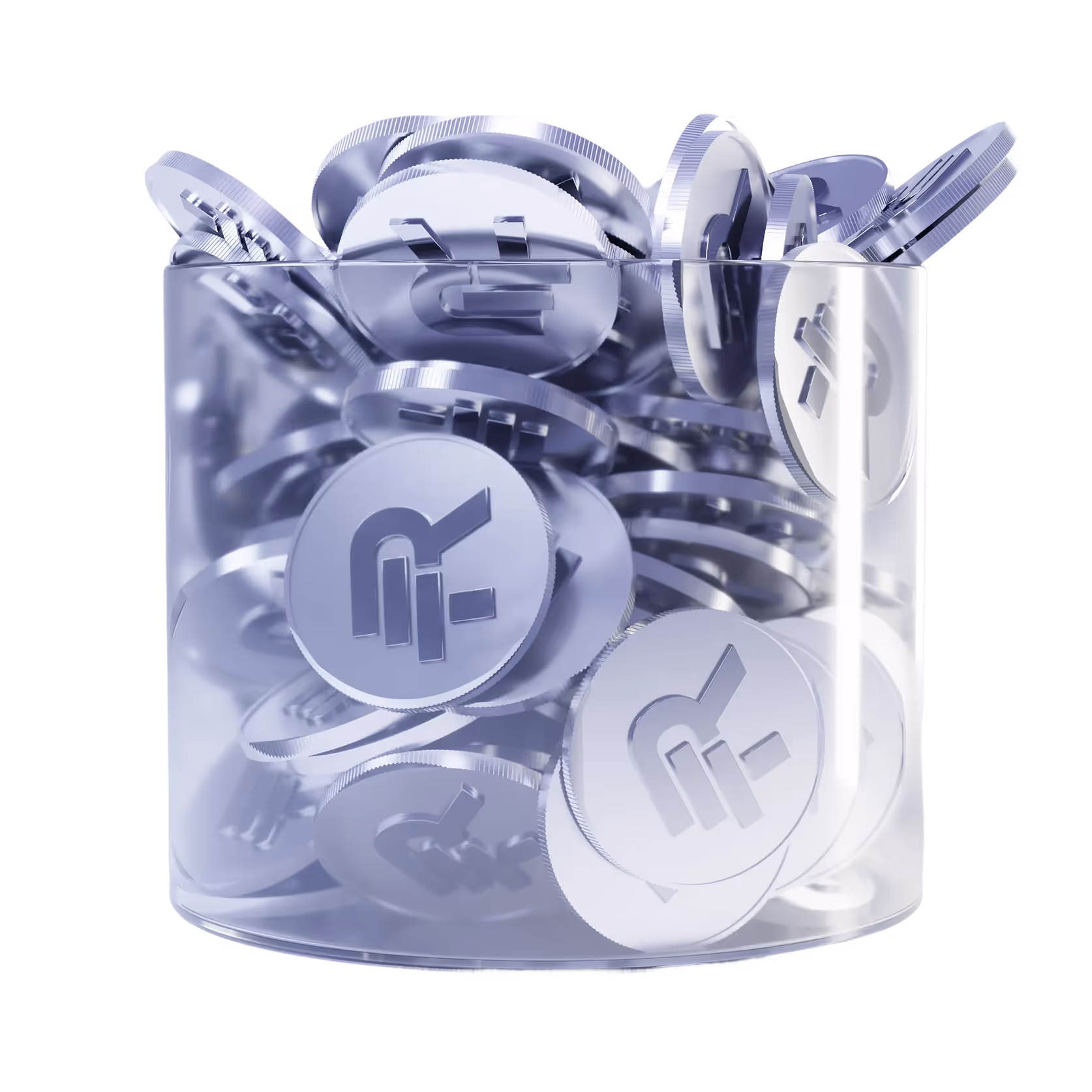 Transparent container filled with shiny silver coins embossed with a power button symbol.