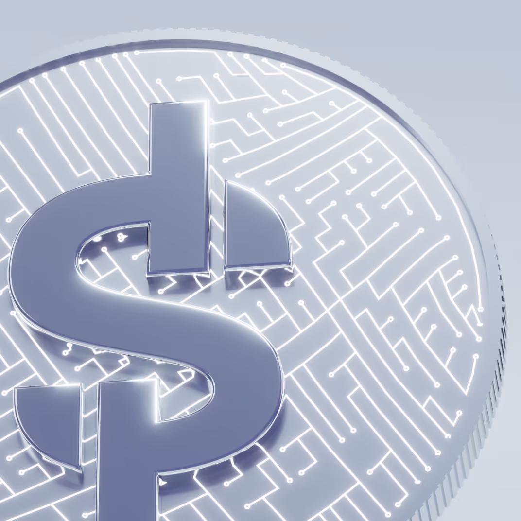 Close-up of a digital cryptocurrency coin with circuit board design and the letter G.