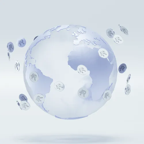 Transparent globe showing continents with digital coin icons connected by glowing lines orbiting around it.