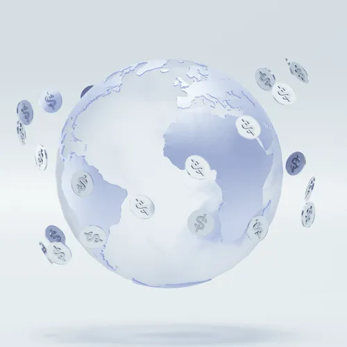 Transparent globe showing continents with digital coin icons connected by glowing lines orbiting around it.
