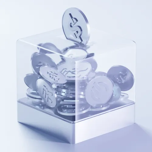 Transparent piggy bank filled with silver coins featuring a circuit-like electronic euro symbol.