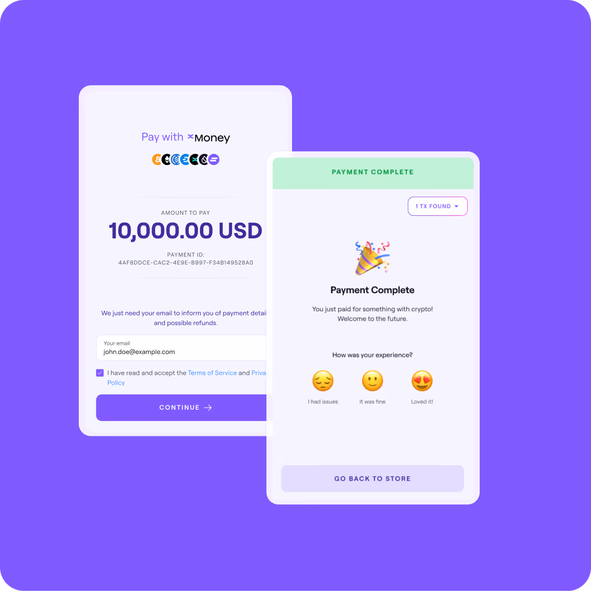 xMoney crypto payment interface showing invoice creation and a completed $10,000 payment, illustrating a simple end-to-end crypto checkout experience.