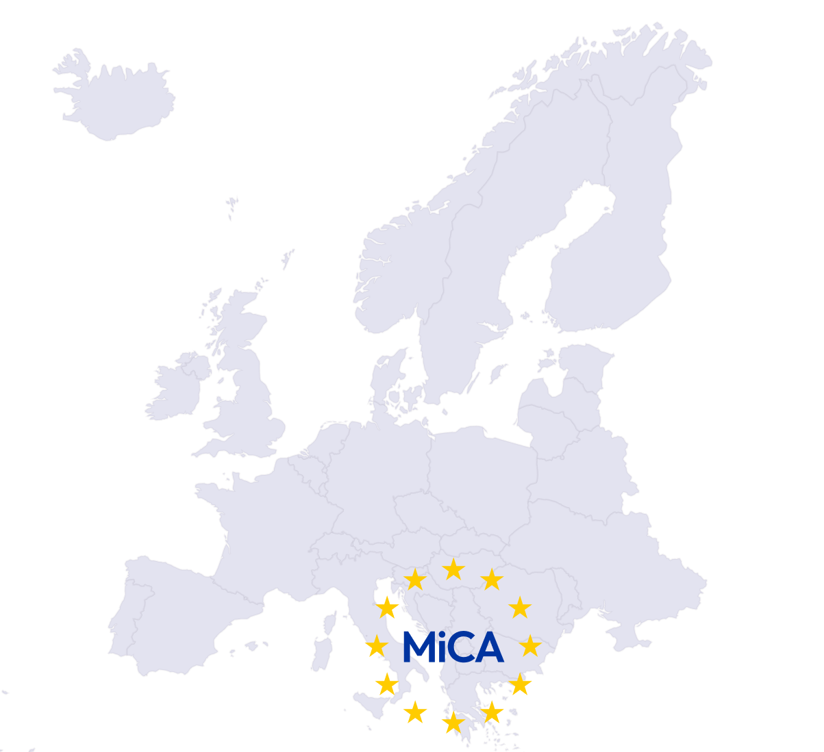 Map of Europe highlighting MiCA compliance, representing xMoney Crypto’s authorization as an EU-licensed virtual asset service provider.